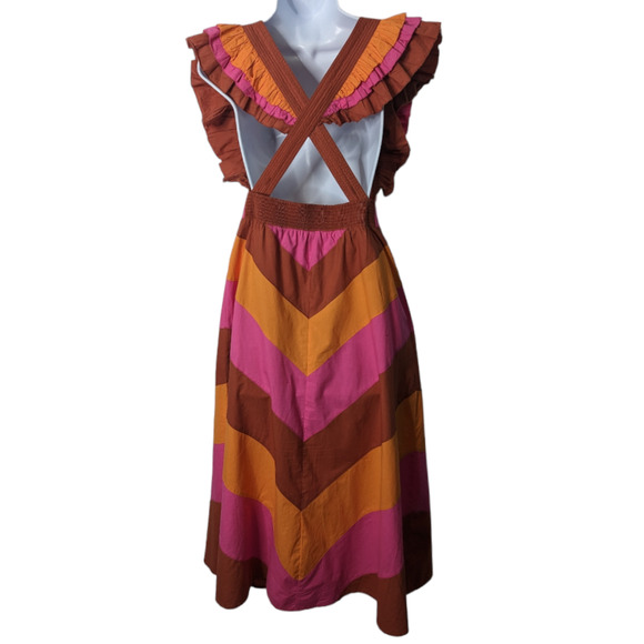 Love the Label Ruffle Strap Colorblock Midi Dress Cotton Pink Orange Medium - Picture 3 of 11